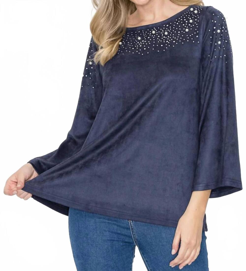 NEW JOH annie suede top with studs and pearls in navy
